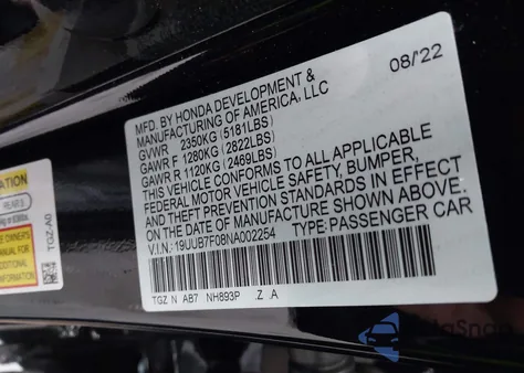 2022 Acura Tlx Type S из США, поврежденный, VIN 19UUB7F08NA002254